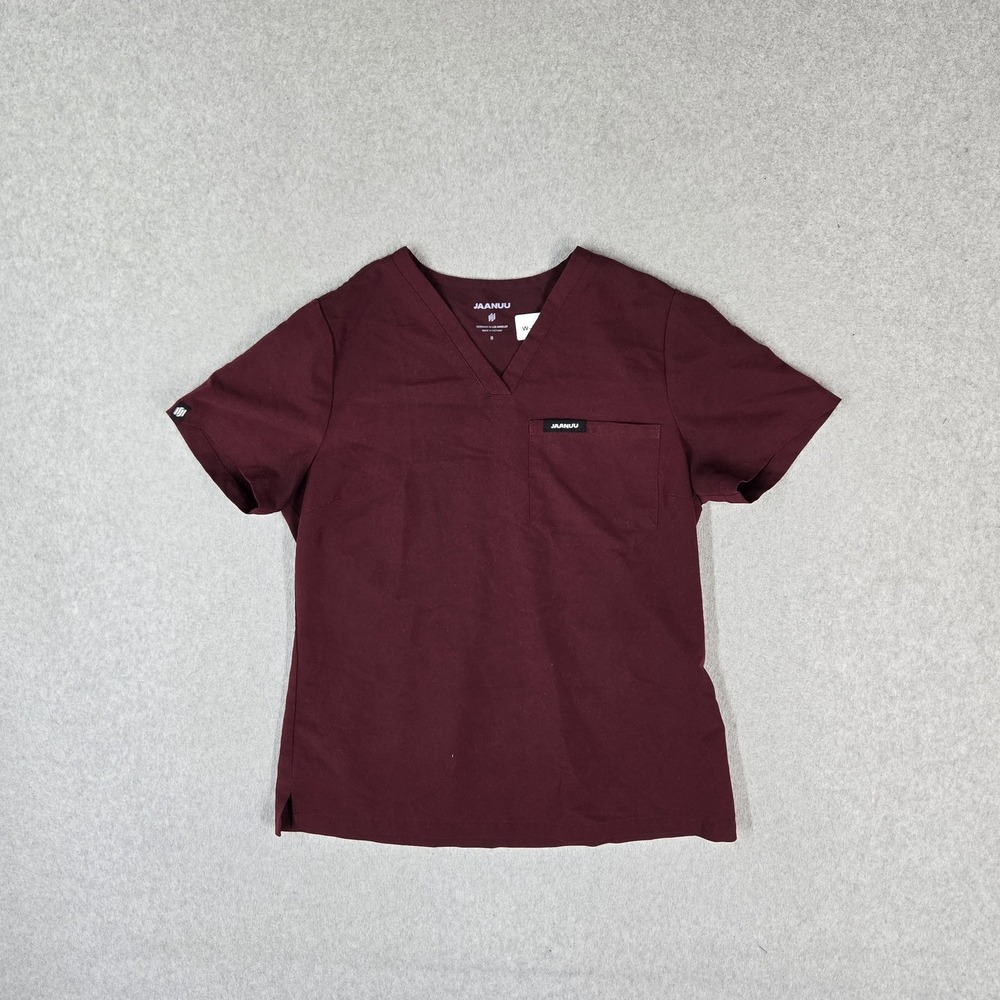 JAANUU Women Scrub Top S Burgundy Logo PO#646 Short Sleeve Stretch Pockets